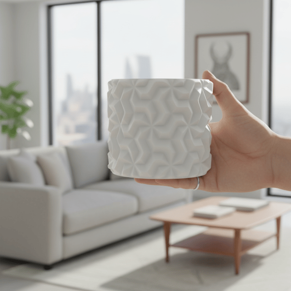 Hvid urtepotteskjuler med 3D geometrisk mønster til loftplanter