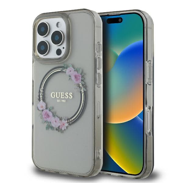 Guess IML Flowers Wreath MagSafe-etui til iPhone 16 Pro Max, sort