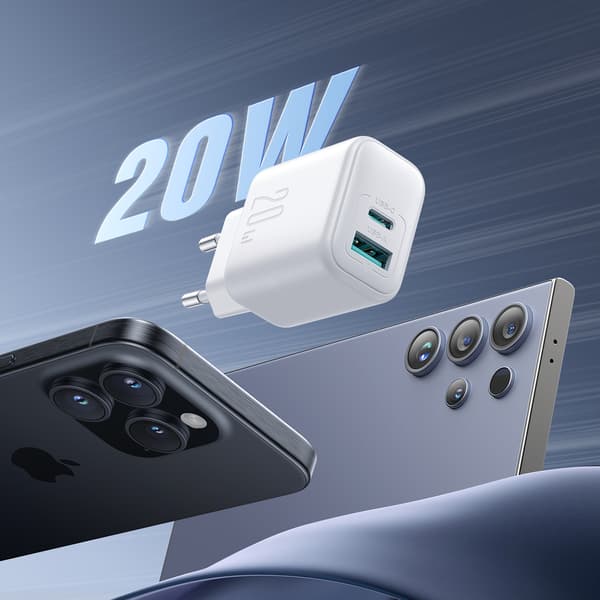 USB-C USB-A 20W PD QC 3.0 Väggladdare - Vit