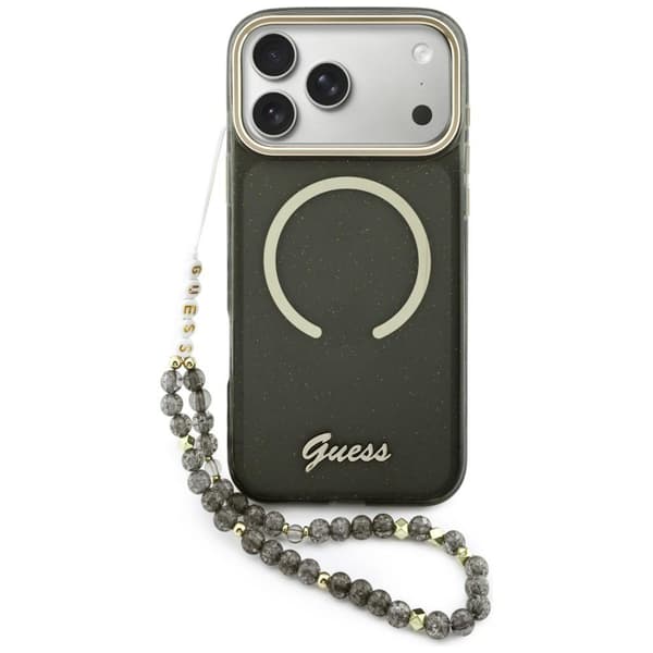 Guess IML Glitters Script Strap MagSafe-etui til iPhone 17 Pro Max, sort