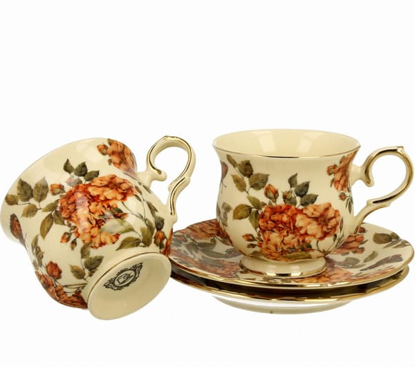 Set med 2 koppar och fat i Herbal Rose-stil