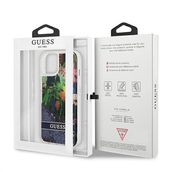 Guess Flower Liquid Glitter cover til iPhone 13 mini, blå