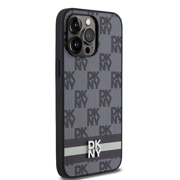 DKNY DKHCP14XPCPTSSK iPhone 14 Pro Max6,7" sort/sort hårdt cover i læder med ternet monogrammønster og trykte striber
