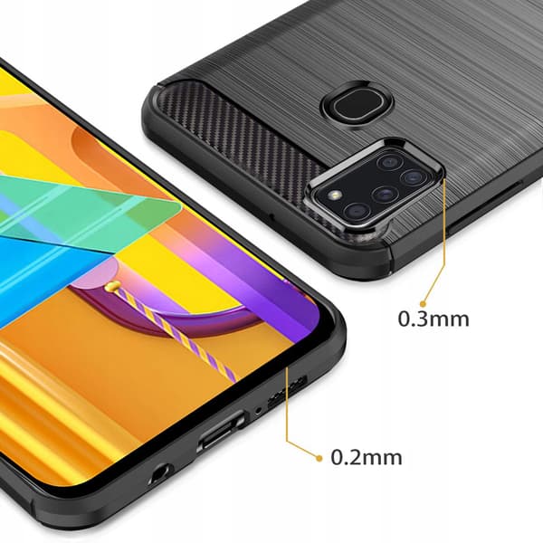 Etui til Samsung Galaxy A21S CARBON CASE BACKCOVER SORT + GLAS