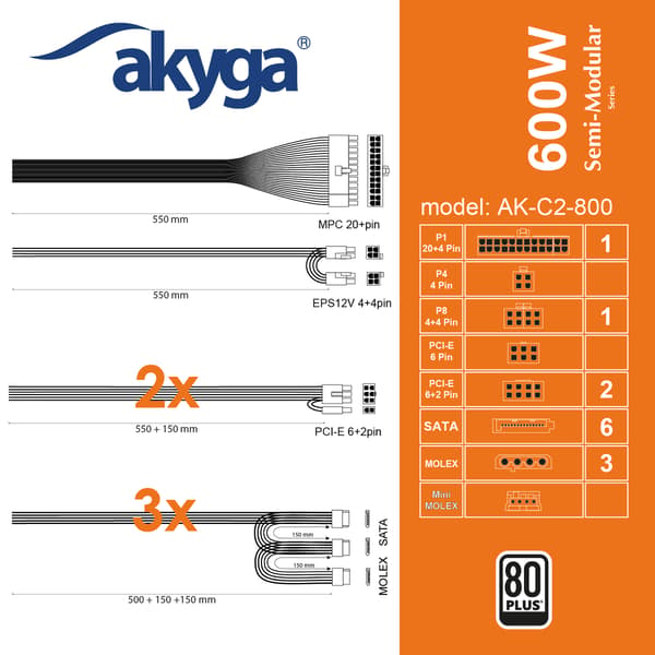 AK-C2-800 800W 80 Plus puolimodulaarinen ATX-virtalähde