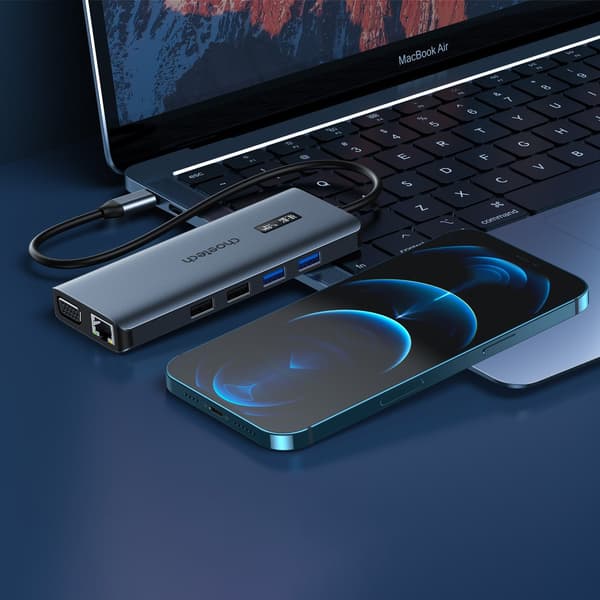 Multifunktionel HUB-adapter med display USB-C USB-A VGA AUX SD TF 12in1 Grå