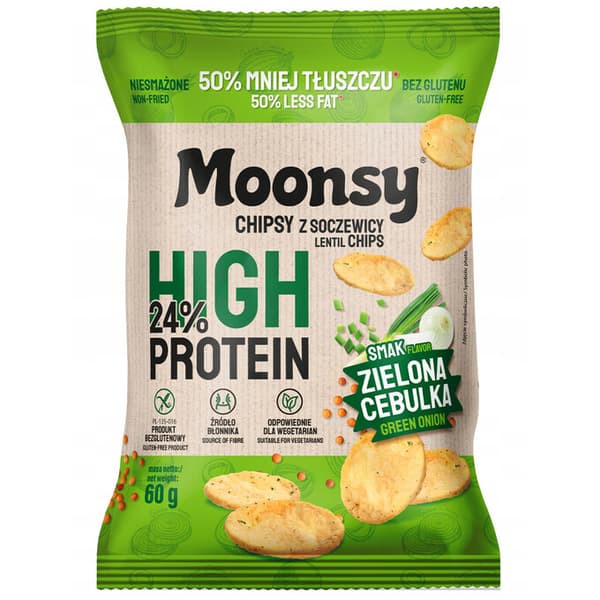 Moonsy High Protein 24%, Forårsløg - tynde linsechips 50% mindre fedt