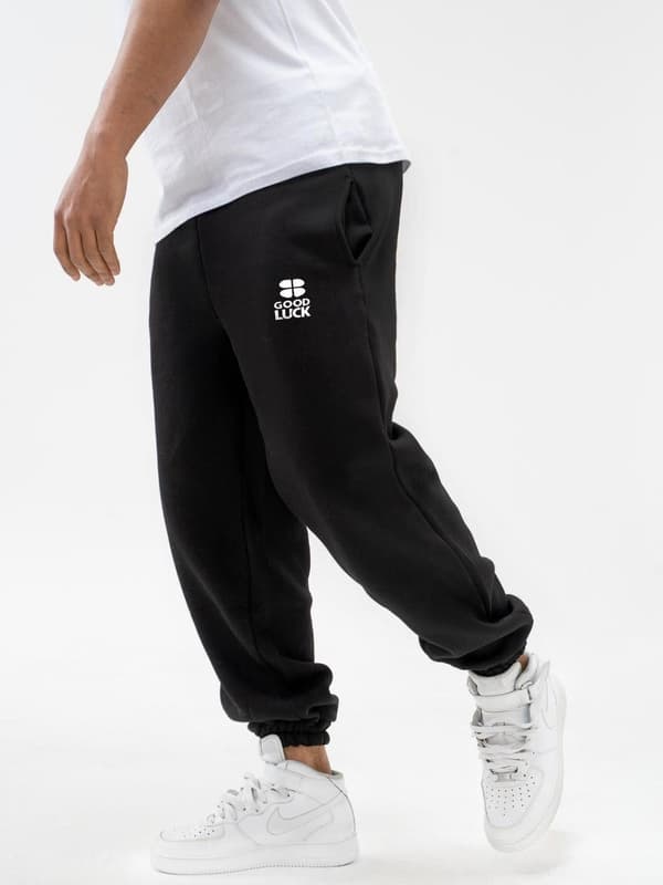 Herre sorte joggingbukser med GOOD LUCK-logo, M