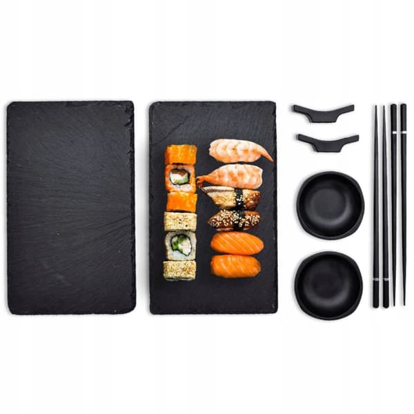 Sushisæt til 2 personer Sushi-serveringstallerkener Skifer spisepinde Sort