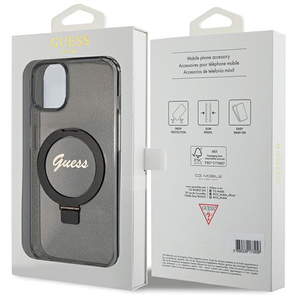 Guess Ring Stand Script Glitter MagSafe-skal till iPhone 13, svart