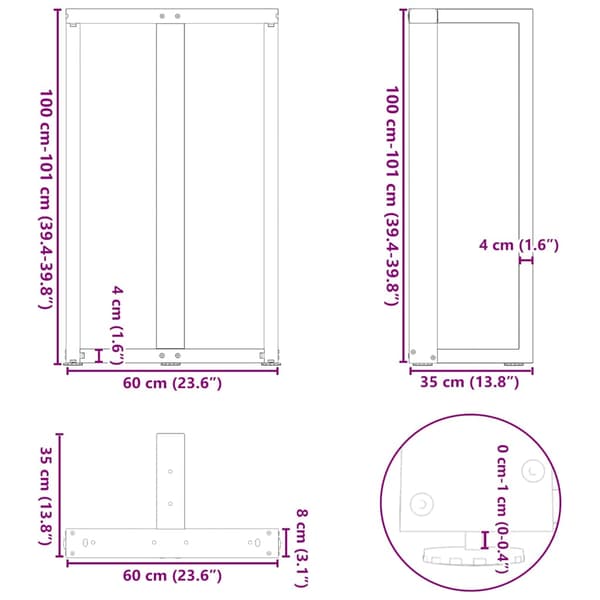 vidaXL barbordsben, 2 stk., sort, 60x35x(100-101) cm, stål