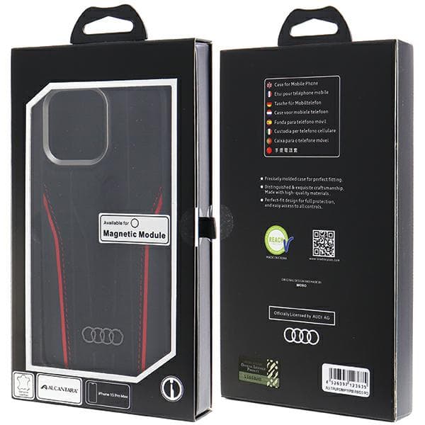 Audi MagSafe-etui i ægte læder til iPhone 15 Pro Max, sort-rød