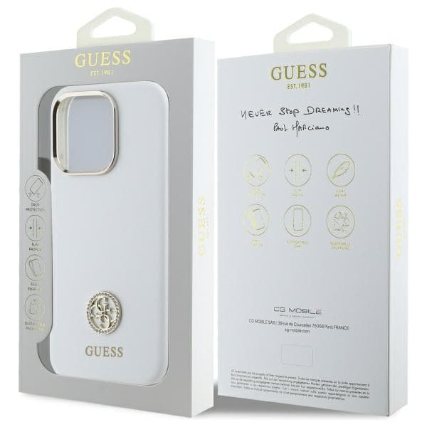 Guess Silikone Logo Strass 4G Etui til iPhone 16 Pro, Hvid