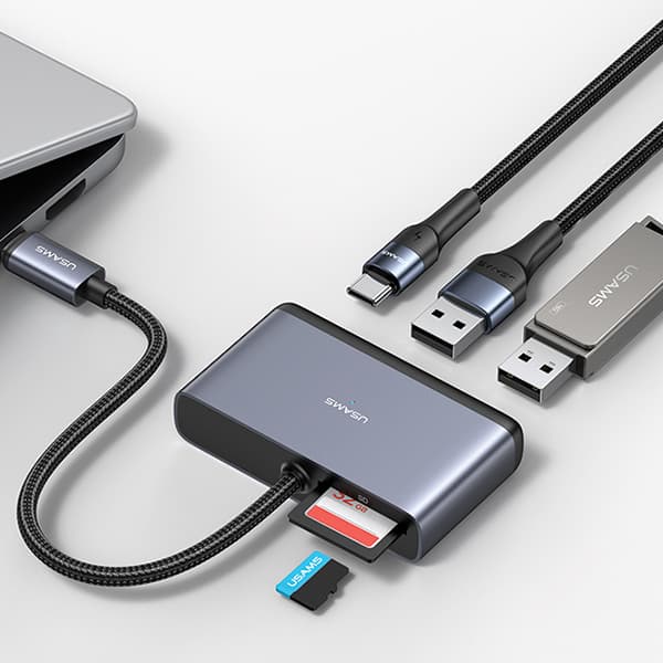 USAMS HUB 5-in-1 -sovitin USB 2.0/USB 3.0/USB-C/TF/SD Harmaa