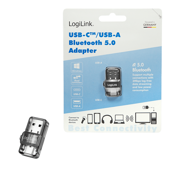 Bluetooth 5.0-adapter LogiLink USB/USB-C USB 3.2-räckvidd 10 m snabb och stabil
