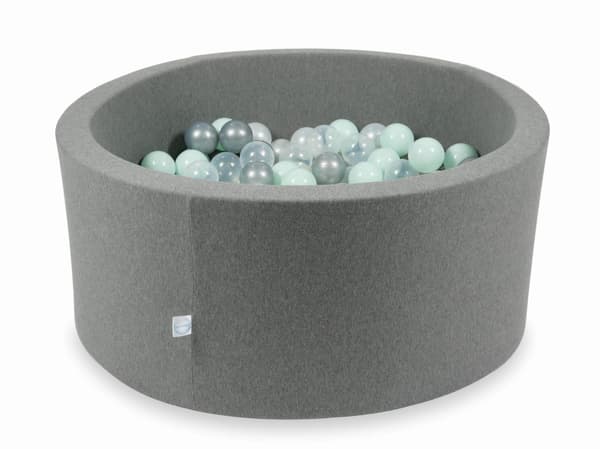 Tør pool grå 90x40 med 300 bolde: transparent, perlemor, sølv, lys mint