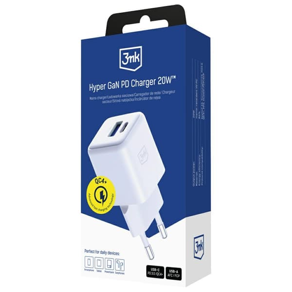 3MK Hyper GaN-laddare 20W 1xUSB-A 1xUSB-C PD QC4+, vit