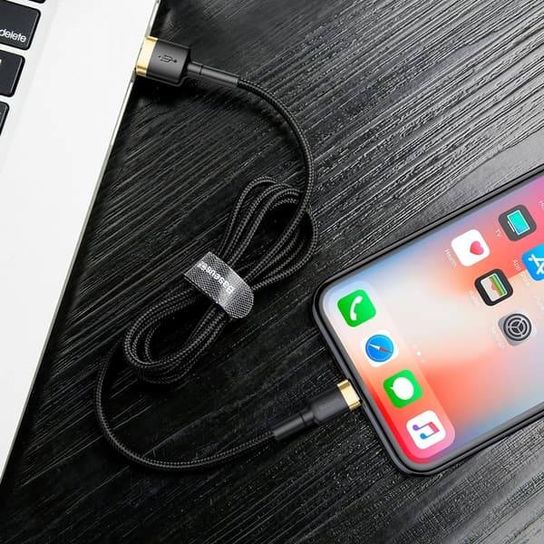 Slitstark nylonkabel USB iPhone Lightning QC3.0 2A 3M svart och guld