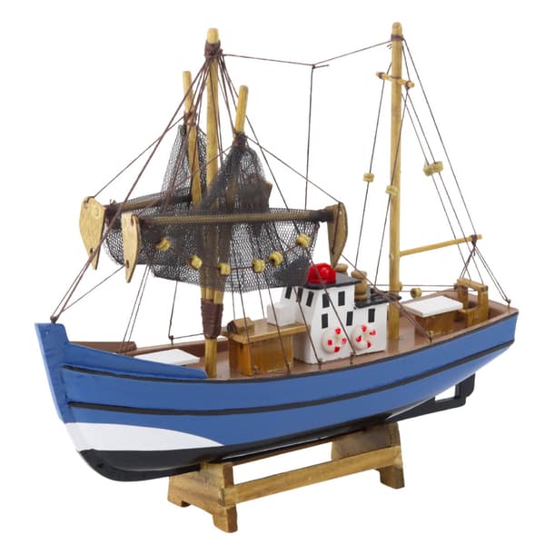 Dekorativ samlermodel af fiskerbåd, blå 30x26cm