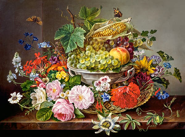 Pussel 2000 bitar stilleben med blommor och fruktkorg