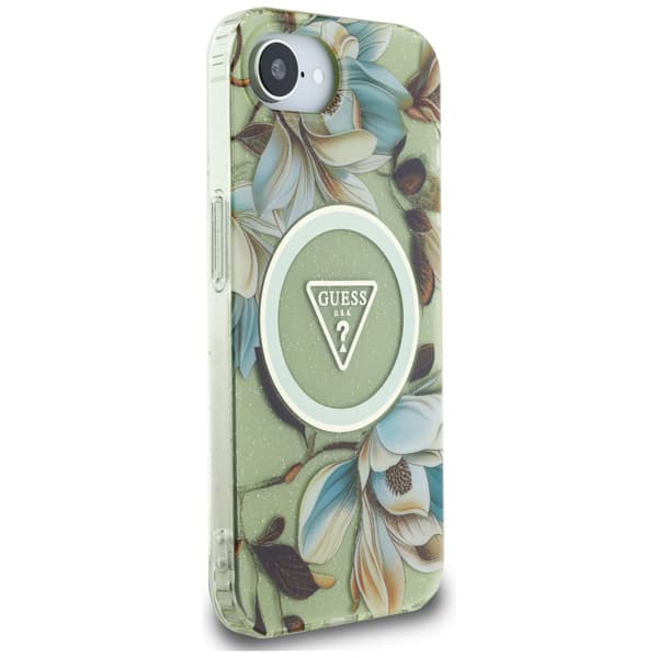 Guess IML Metal Glitter Flowers Triangle MagSafe-etui til iPhone 16e grøn