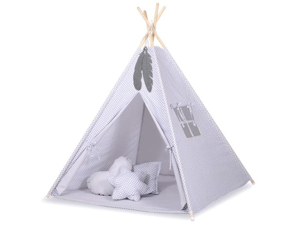 Tipi-tält för barn + matta + fjäderhängen - mini-rosett grå
