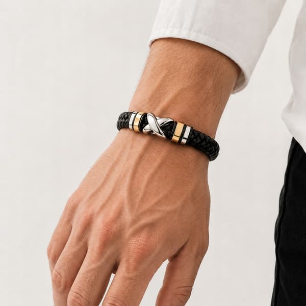 Herr Läderarmband Guld Silver TITAN Flätad Helt Tjock