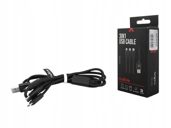 Maxlife 3-i-1 USB-kabel - Lightning + USB-C + microUSB 1,0 m 2,1A sort