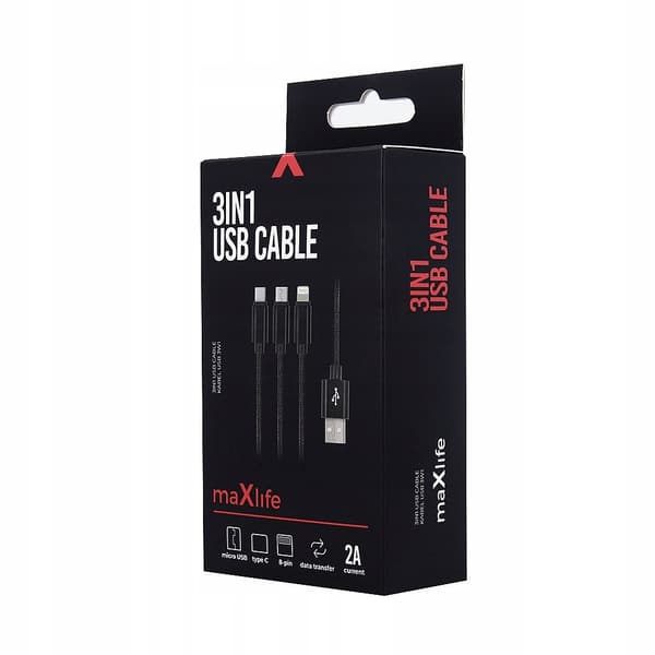 Maxlife 3-i-1 USB-kabel - Lightning + USB-C + microUSB 1,0 m 2,1A sort