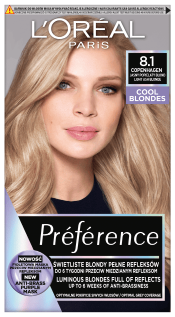 Loreal Preference Cool Blondes hårfarve - 8.1 Copenhague lys askeblond (2x60ml, 54ml)