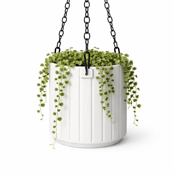 Vit hängande blomkruka med droppbricka för blommor