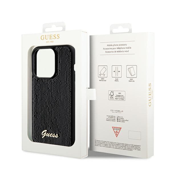 Guess Sequin Script Metallskal till iPhone 14 Pro Max, Svart