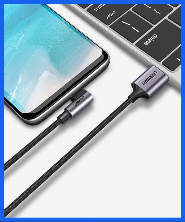 Kabel vinklad sido-USB-kontakt - USB-C 1m 3A grå