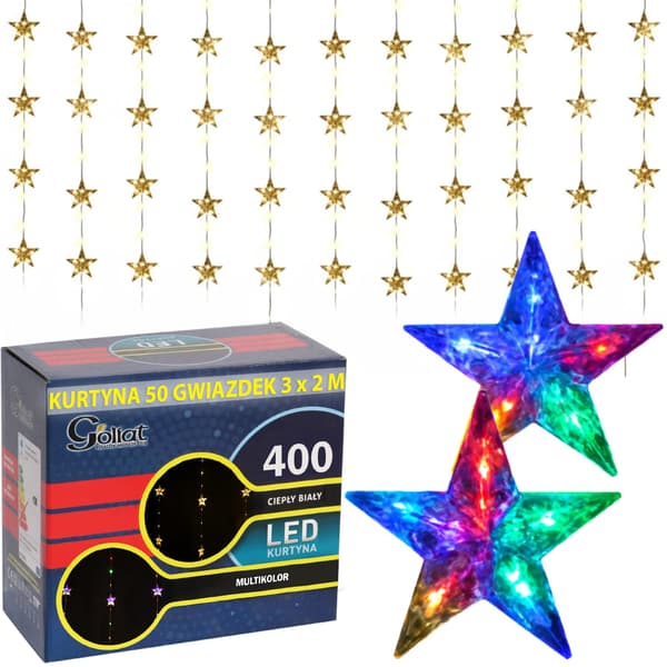 LYSGARDIN 3X2M 50 STJERNER JULEPYNT LAMPER 400 LED VARM HVID/MULTICOLOR