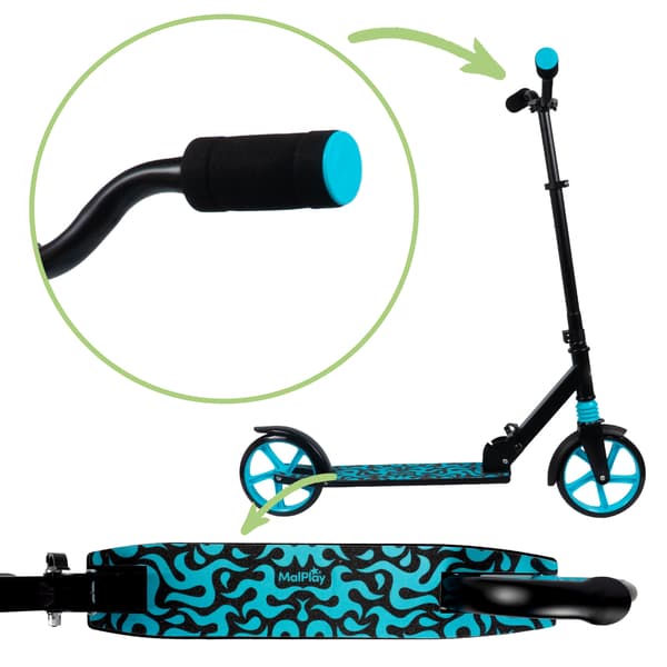 Sort og blå foldbar scooter med støddæmper