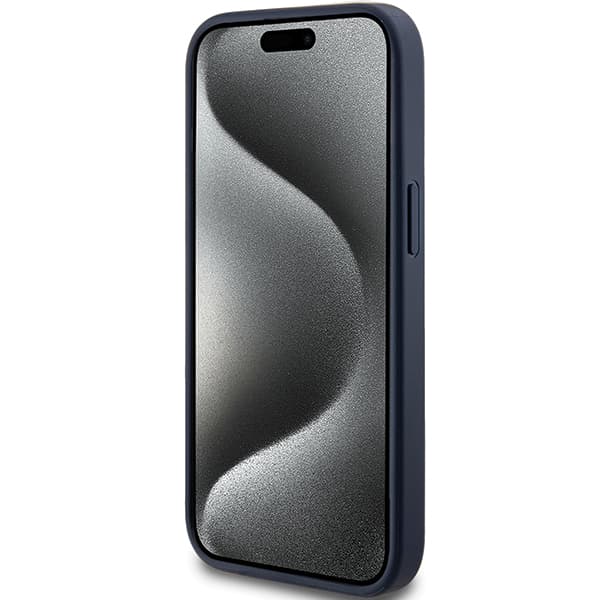 Guess 4G Triangle Metal Logo Cover til iPhone 15 Plus, Blå