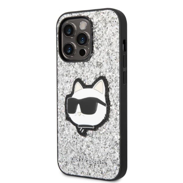 Karl Lagerfeld Glitter Choupette Patch-etui til iPhone 14 Pro, sølv