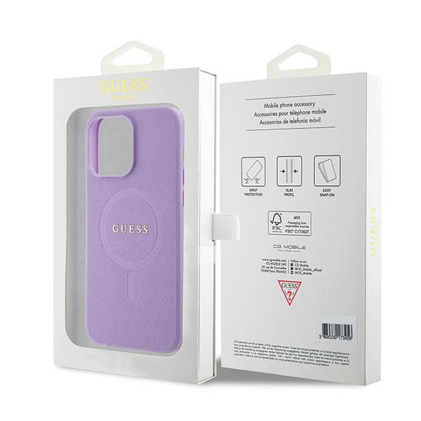 Guess Saffiano MagSafe-etui til iPhone 15 Pro Max, lilla