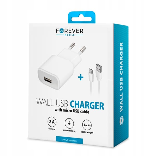 Forever-seinälaturi 1x USB 2A valkoinen + microUSB-kaapeli