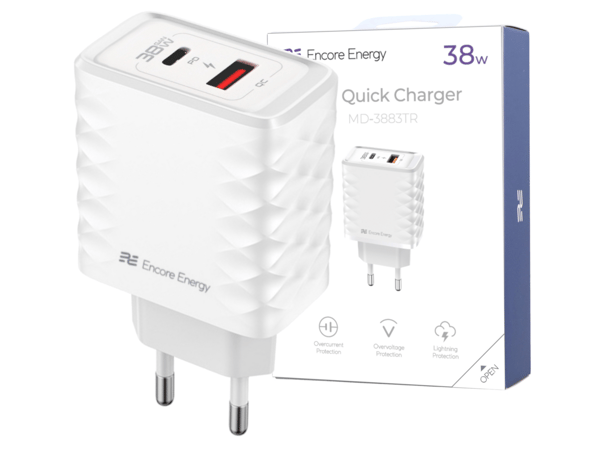 Ny Encore Energy MD-3883TR USB-A USB-C QC PD vægoplader