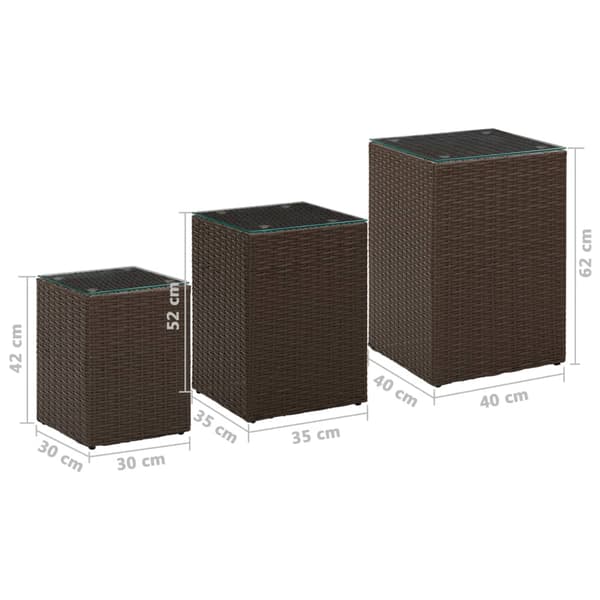 vidaXL sideborde, sæt med 3, glasplader, brun, polyrattan