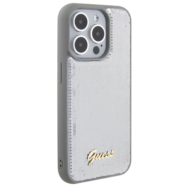 Guess Sequin Script Metal -suojakuori iPhone 15 Pro Maxille, hopea/hopea