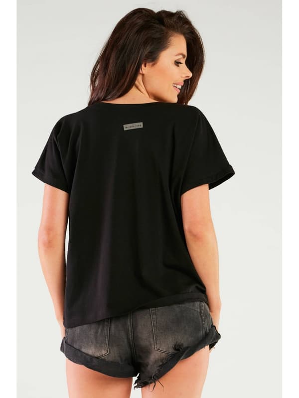 V-ringad blus med korta ärmar, svart. One size.