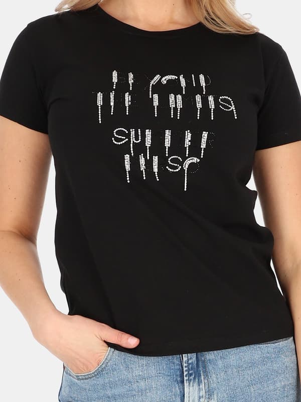 Dambomulls-T-shirt med applikationer