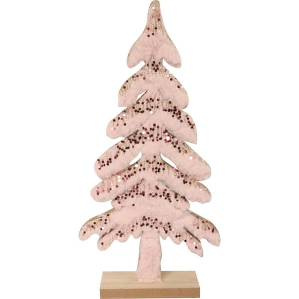 Träjulgran med rosa päls och paljetter