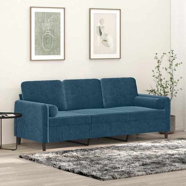 vidaXL 3-sitssoffa med kuddar, blå, 180 cm, sammet