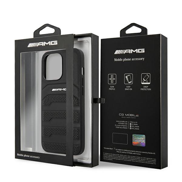 AMG lædercover med prægede linjer og sort logo til iPhone 13 Pro, sort