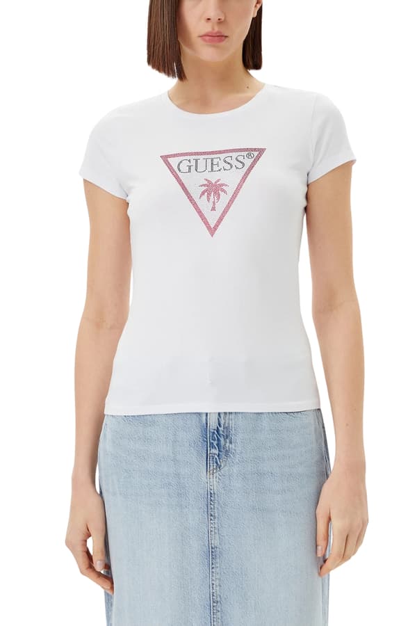 Guess Vit Damtröja med Triangelformade Strassar Logotyp M