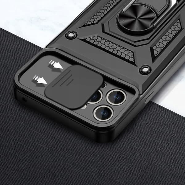 iPhone 14 Pro -kotelo, Armor Slide Ring, musta + lasi