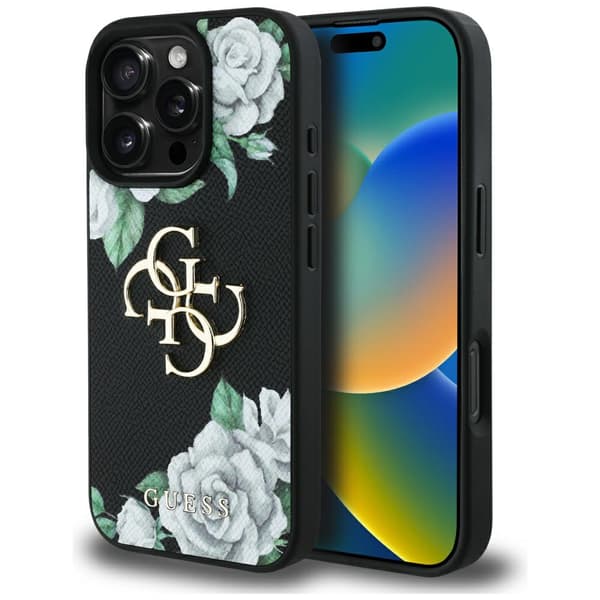 Guess Grained Roses Big 4G logo cover til iPhone 16 Pro, sort